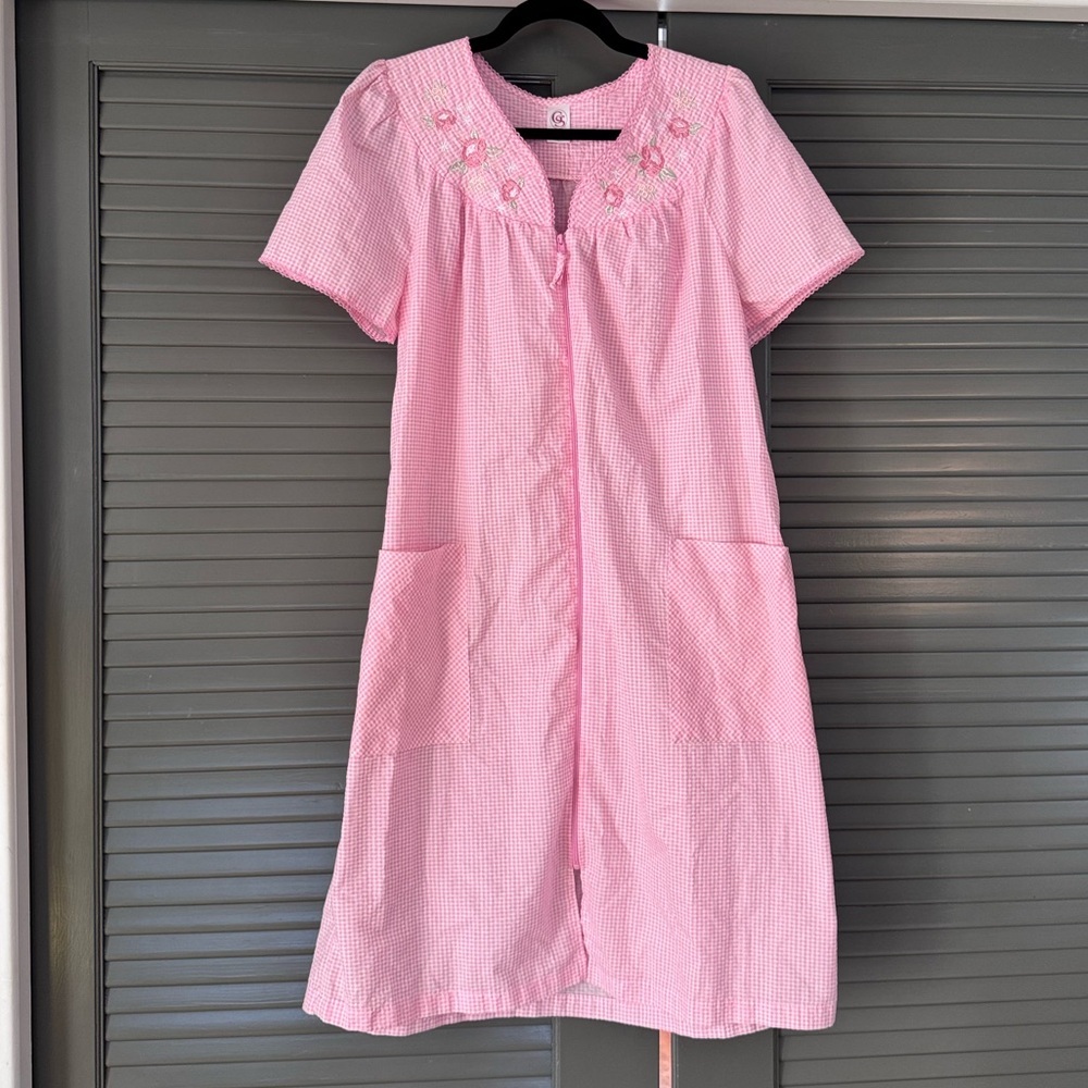Pink Gingham Floral Embroidered House Dress